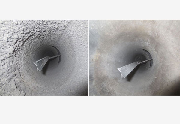 Blick in den Oeko-Tube-Inside: Abgeschiedener Feinstaub nach ca. 100 Betriebsstunden mit Holzhackgut (links) und nach erfolgter Abreinigung der Staubschicht (rechts), Bildrechte: OTH Amberg-Weiden